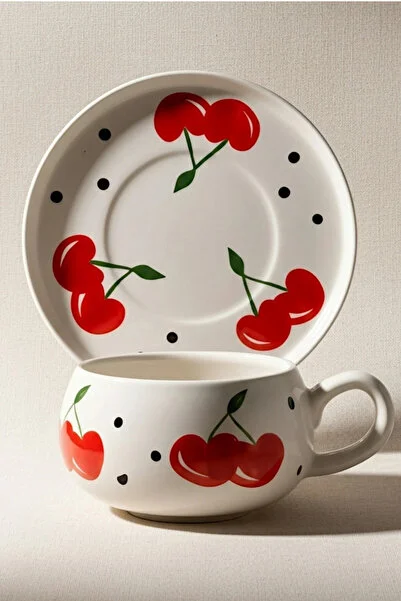 El Yapımı Kiraz Desenli, 4 Parça 2 Kişilik Çay & Kahve Fincan Takımı - 220 ml - Görsel 3