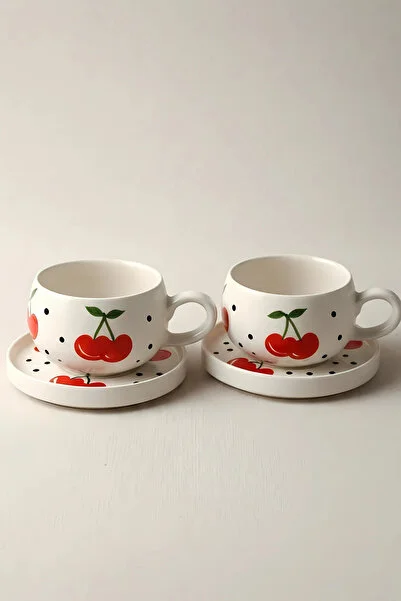 El Yapımı Kiraz Desenli, 4 Parça 2 Kişilik Çay & Kahve Fincan Takımı - 220 ml - Görsel 4