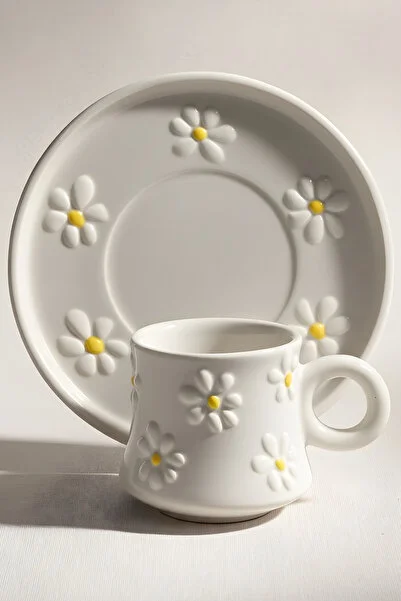  El Yapımı Papatya Desenli, 4 Parça 2 Kişilik Kahve Fincanı Takımı - 90 ml - Görsel 3