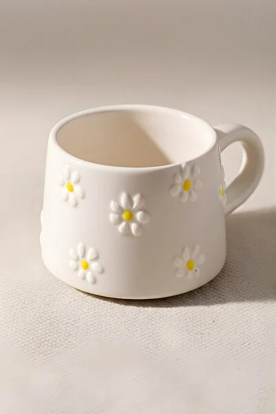 El Yapımı Papatya Desenli Seramik Kahve Ve Çay Kupa Bardak - Görsel 3