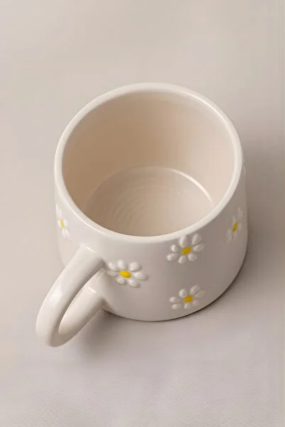 El Yapımı Papatya Desenli Seramik Kahve Ve Çay Kupa Bardak - Görsel 4