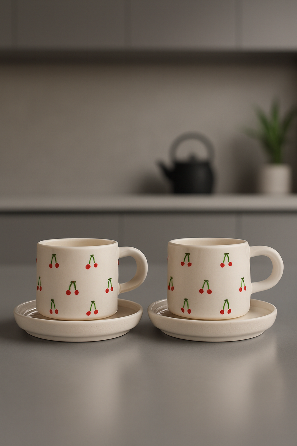 2 Kişilik Tabaklı El İşi Seramik Baby Kiraz Desenli Kupa Bardak