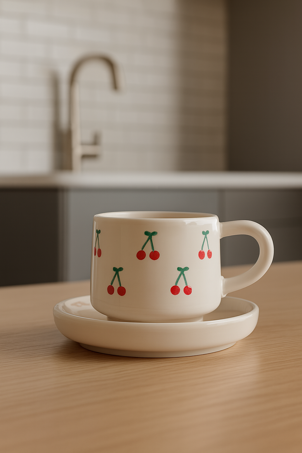 2 Kişilik Tabaklı El İşi Seramik Baby Kiraz Desenli Kupa Bardak - Görsel 1