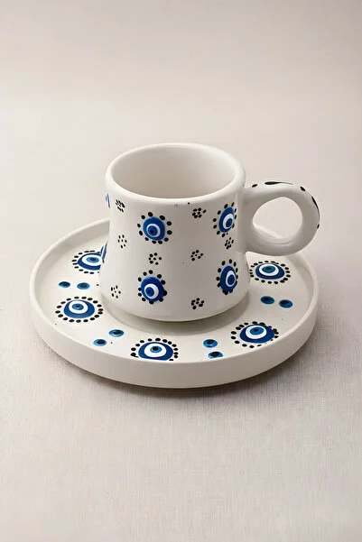 El Yapımı Nazar Boncuğu Desenli 2 Kişilik Türk Kahvesi Fincanı Takımı – 90 ml | 4 Parça Seramik Set - Görsel 3