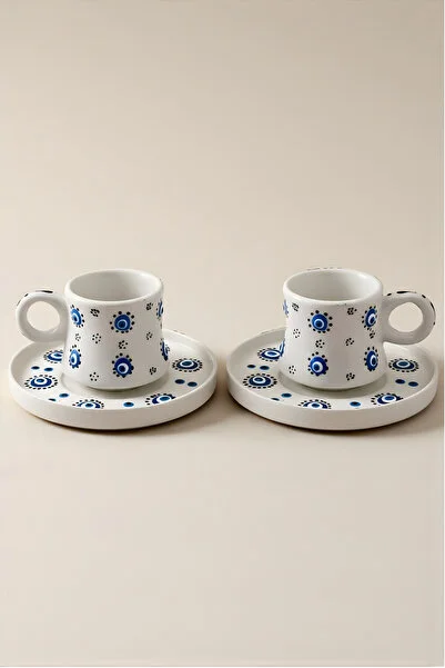 El Yapımı Nazar Boncuğu Desenli 2 Kişilik Türk Kahvesi Fincanı Takımı – 90 ml | 4 Parça Seramik Set - Görsel 4