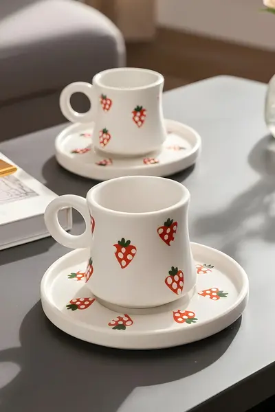 El Yapımı Çilek Desenli Seramik Türk Kahvesi Fincanı Takımı | 2 Kişilik, 4 Parça, 90 ml