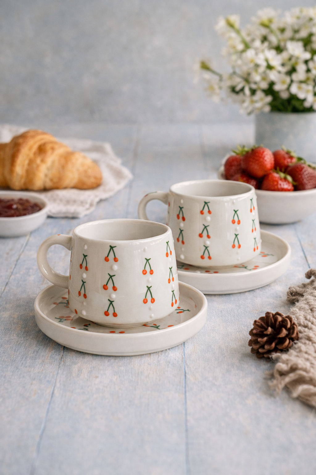 2 Kişilik El Yapımı Seramik Kupa & Tabak Seti – Baby Kiraz Desenli Özel Tasarım Mug - Görsel 2