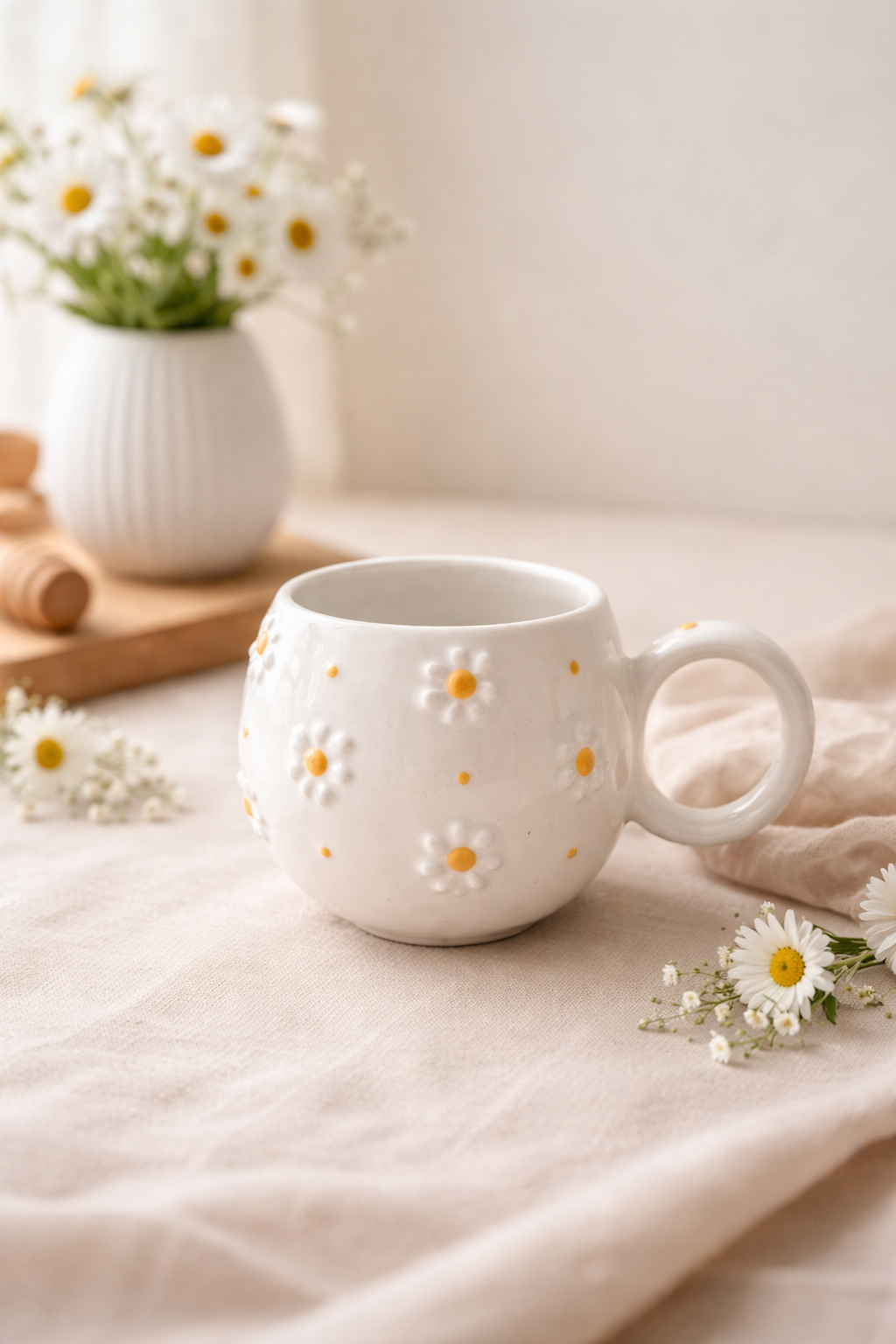 Papatya Kabartmalı El Yapımı Seramik Ece Kupa Mug – Tekli, Doğal ve Zarif Tasarım - Görsel 2