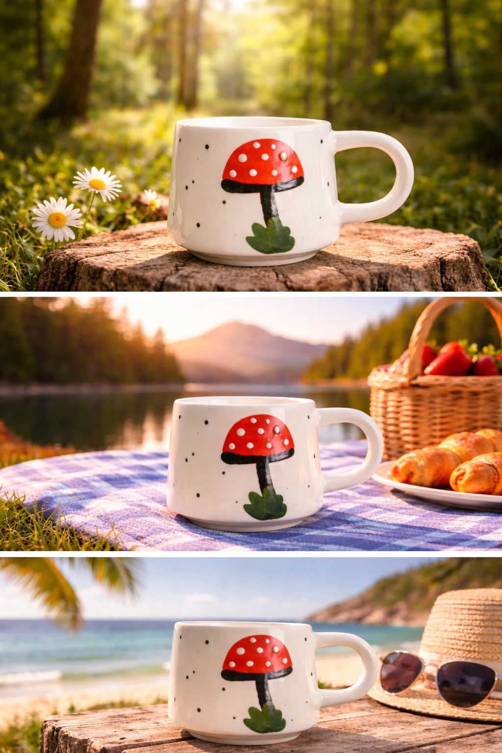 Mantar Motifli, El İşlemesi Seramik Büyük Boy Kahve Kupası