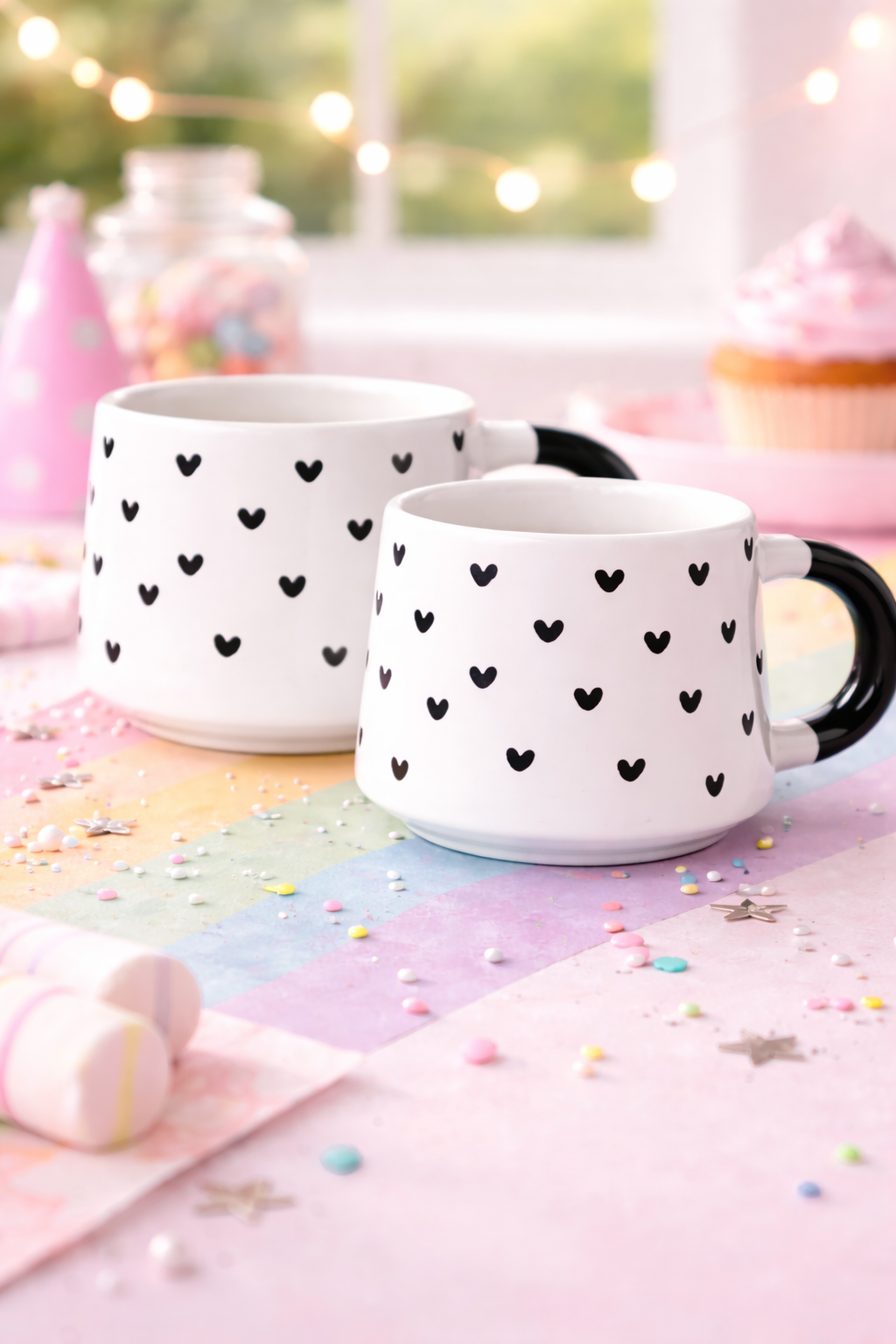 Modern Siyah Kalp Figürlü Seramik Kupa – 2’li Kahve & Çay Kupası