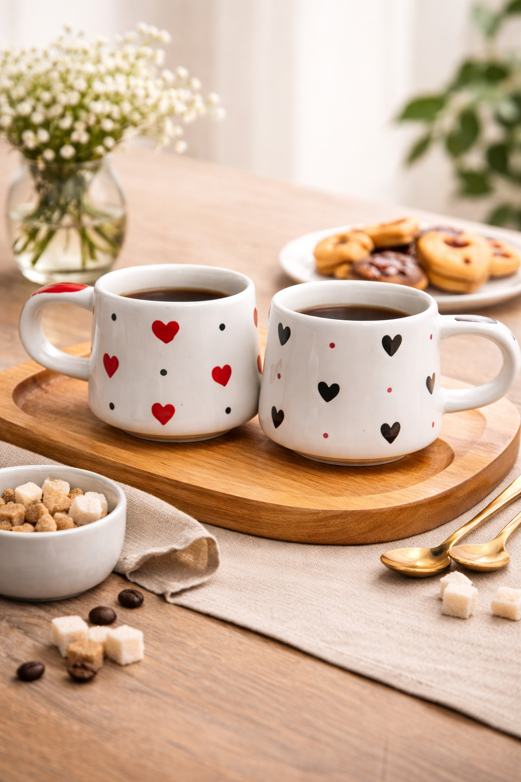 El Yapımı Seramik Kırmızı & Siyah Kalpli 2’li Kupa Bardak Seti – Sevgililer İçin Kupa