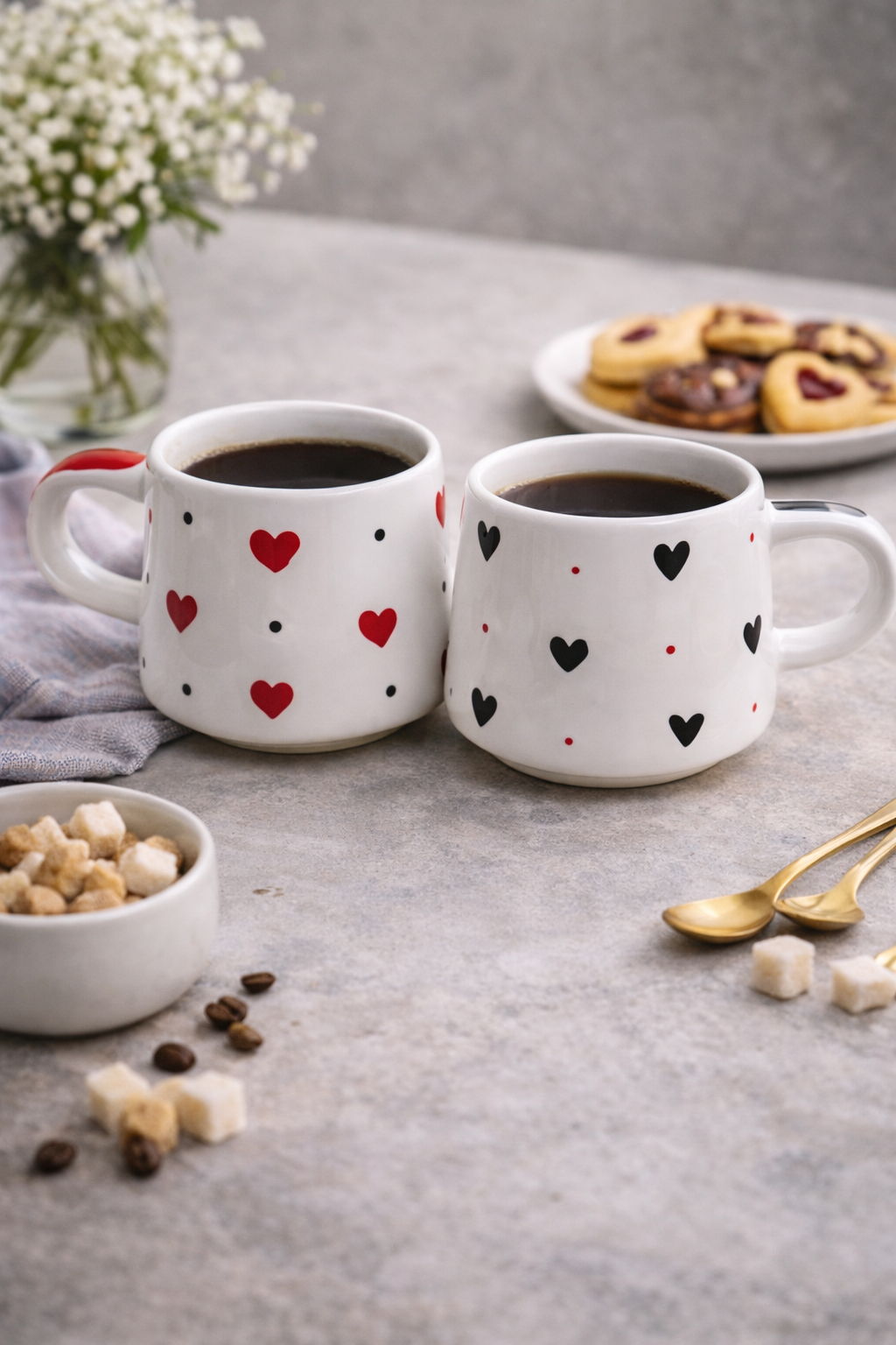El Yapımı Seramik Kırmızı & Siyah Kalpli 2’li Kupa Bardak Seti – Sevgililer İçin Kupa - Görsel 2
