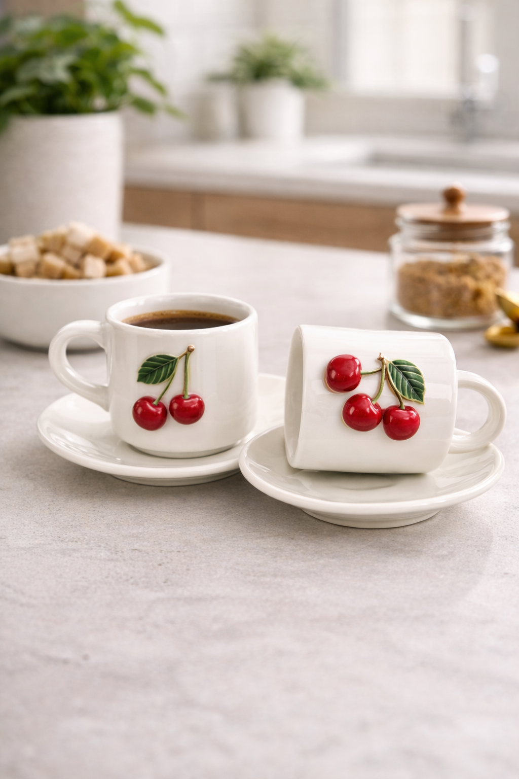 2 Kişilik Porselen Metalli Kiraz Desenli Türk Kahvesi Fincanı Takımı - Görsel 2