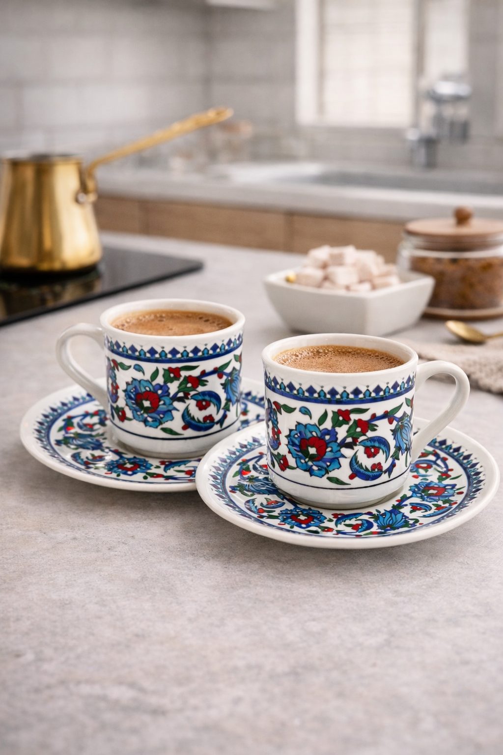 Topkapı Çini Desenli 2 Kişilik Porselen Türk Kahvesi Fincan Takımı – Osmanlı Esintili
