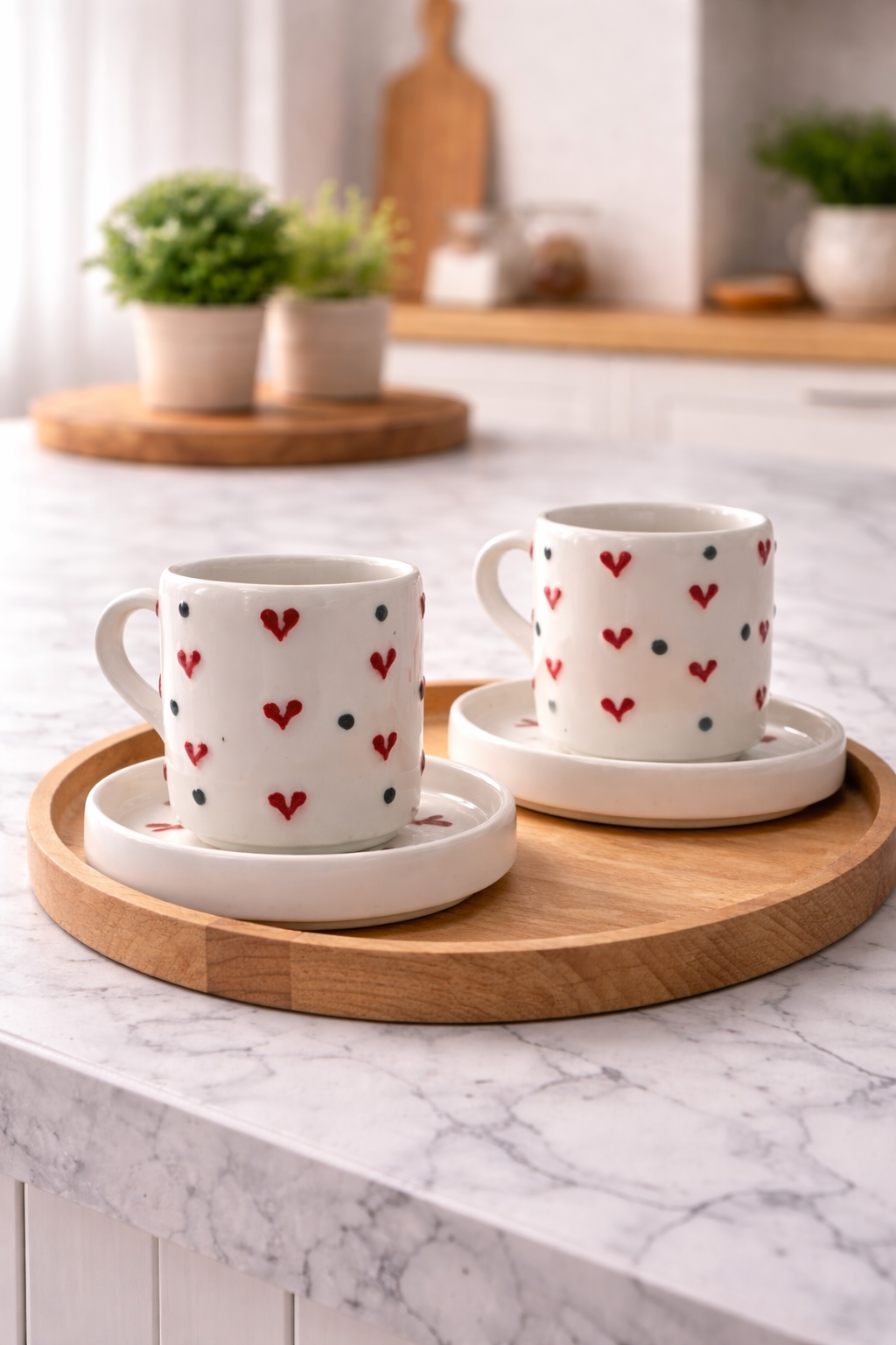 Romantik Kalp Desenli 2’li Seramik Türk Kahvesi Fincan Takımı Seti - Görsel 2
