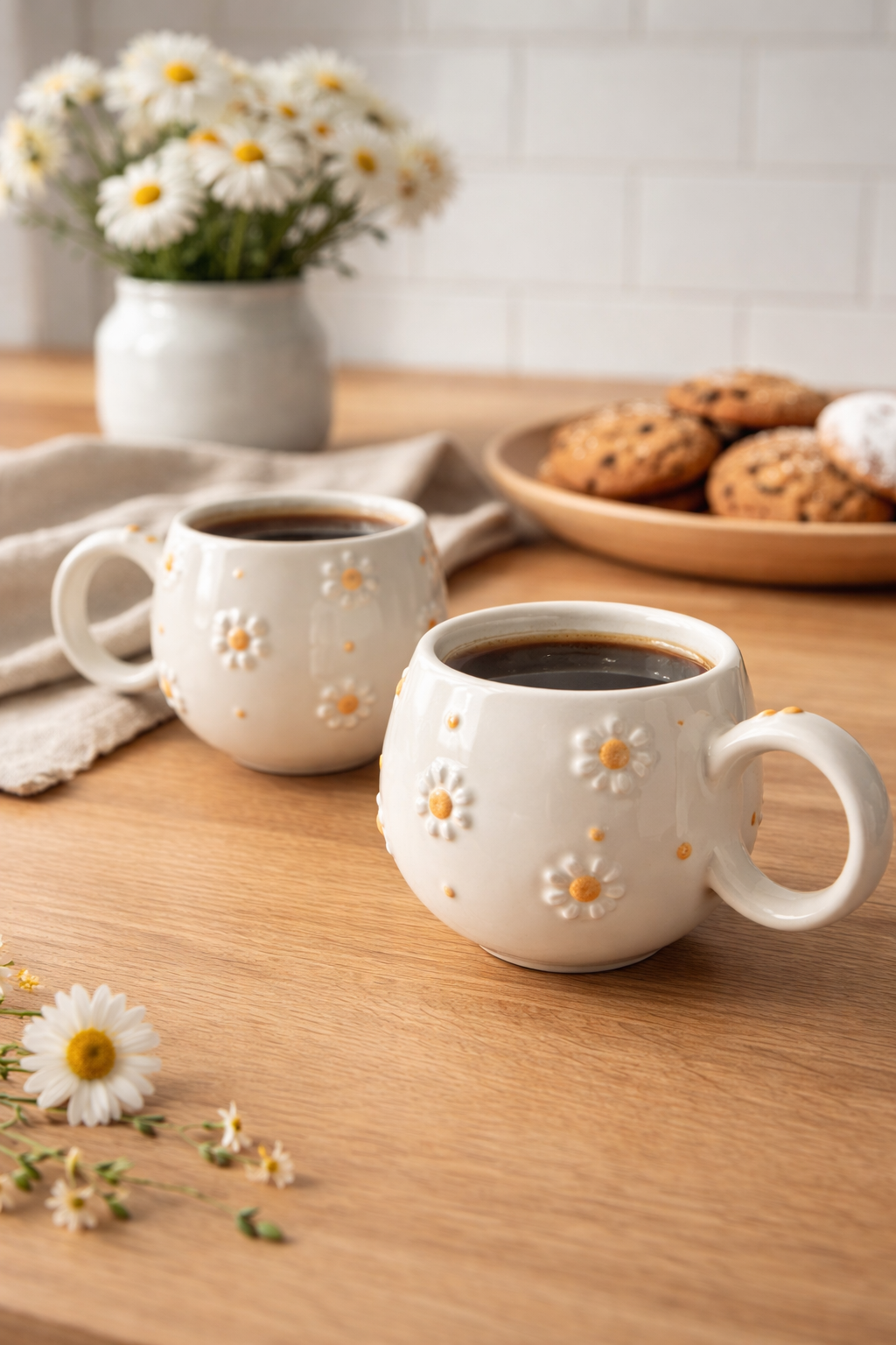 El Yapımı Papatya Desenli Kabartmalı 2’li Kupa Seti – Estetik Seramik Kahve Kupası Takımı - Görsel 2