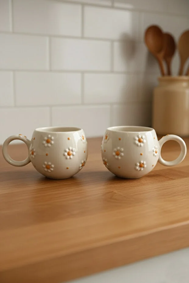 El Yapımı Papatya Desenli Kabartmalı 2’li Kupa Seti – Estetik Seramik Kahve Kupası Takımı - Görsel 4