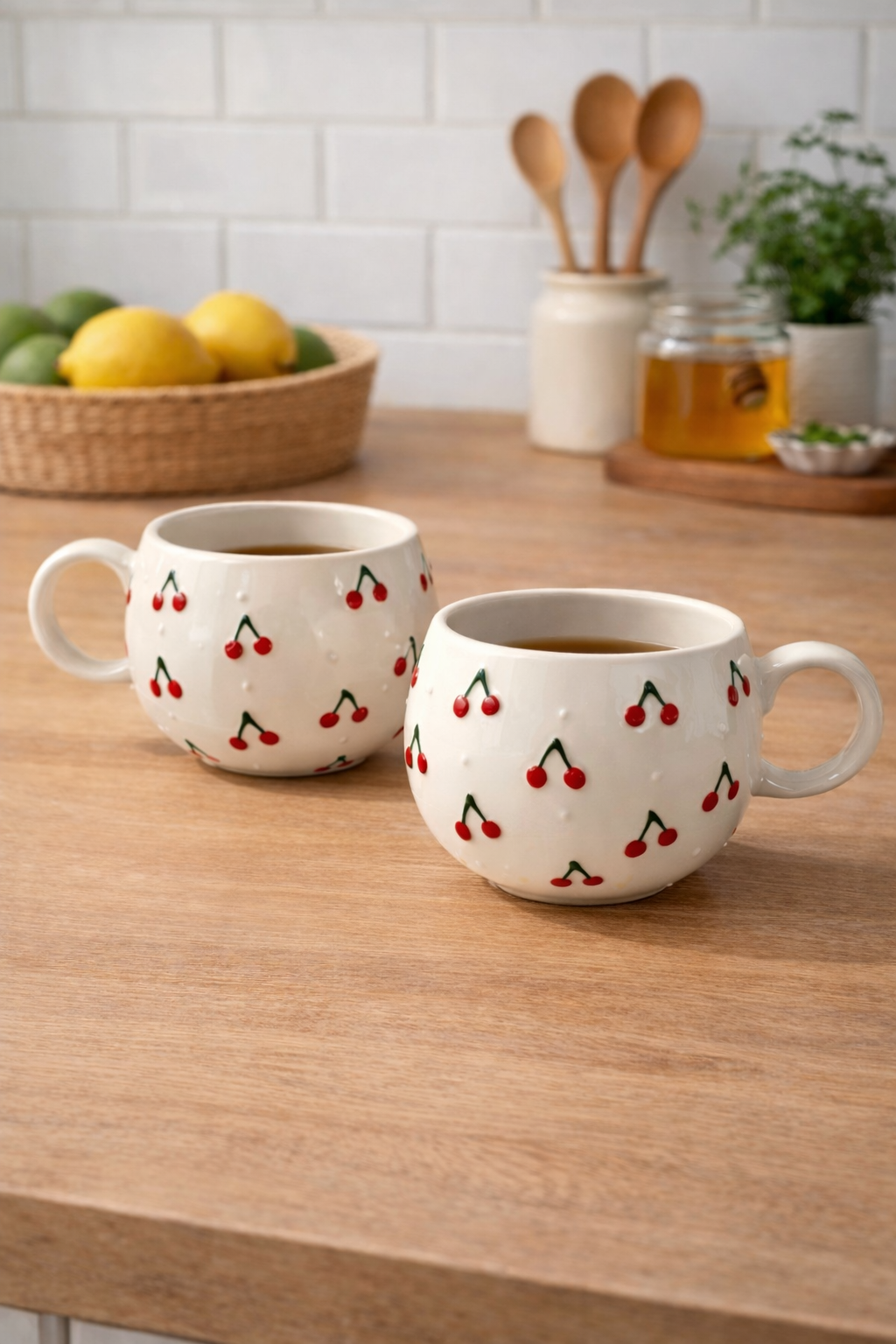 2’li Kiraz Desenli El Yapımı Seramik Mug – Dekoratif Kahve & Çay Kupası