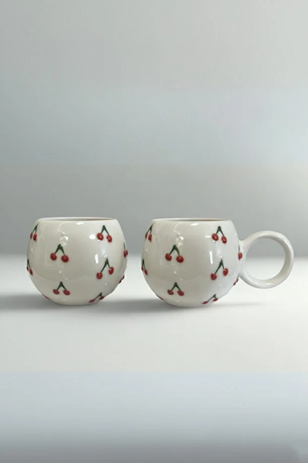 2’li Kiraz Desenli El Yapımı Seramik Mug – Dekoratif Kahve & Çay Kupası - Görsel 2