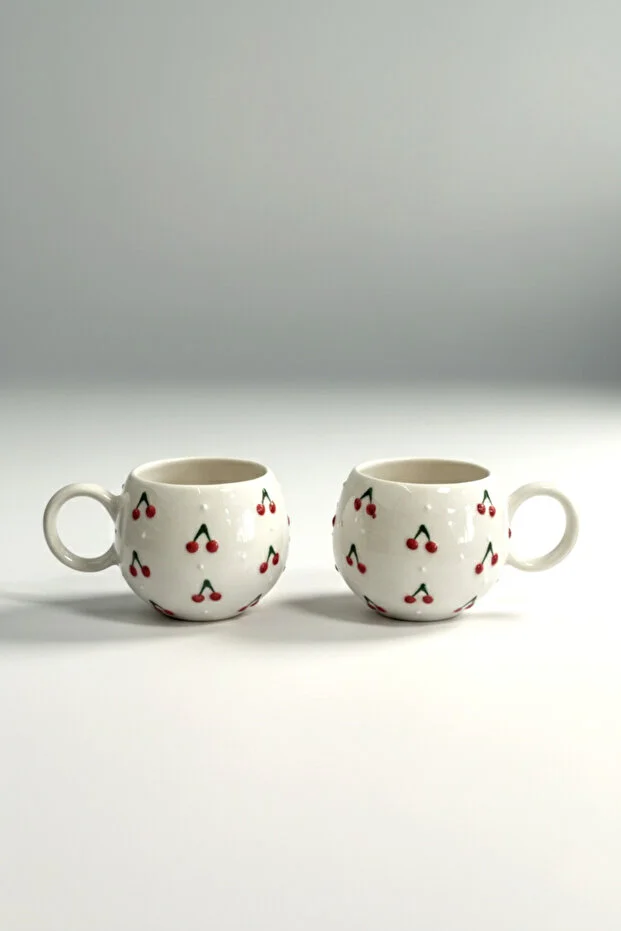 2’li Kiraz Desenli El Yapımı Seramik Mug – Dekoratif Kahve & Çay Kupası - Görsel 3