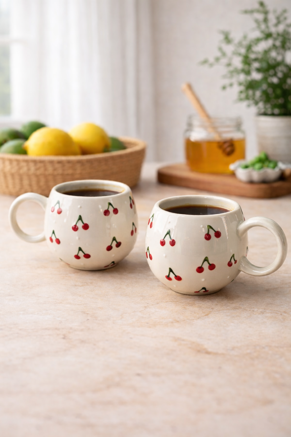 2’li Kiraz Desenli El Yapımı Seramik Mug – Dekoratif Kahve & Çay Kupası - Görsel 4