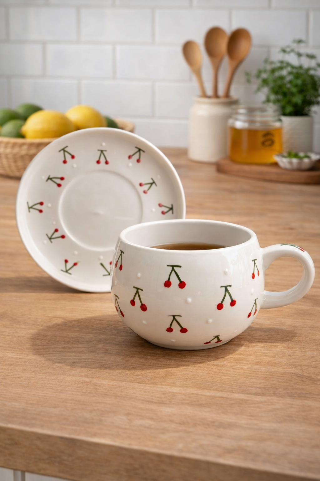 Özel Tasarım Kiraz Desenli Seramik Kupa ve Tabak Takımı – Handmade Mug