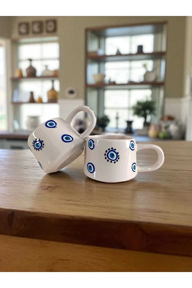 Nazar Boncuğu Motifli El Yapımı Seramik Kahve Kupası – Dekoratif Hediyelik - Görsel 2