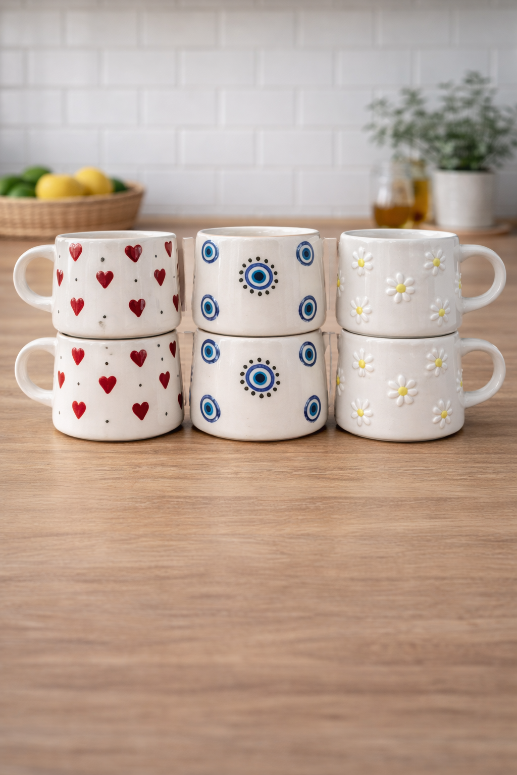 6’lı El Yapımı Seramik Kupa Bardak – Papatya, Kalp ve Nazar Boncuğu Desenli