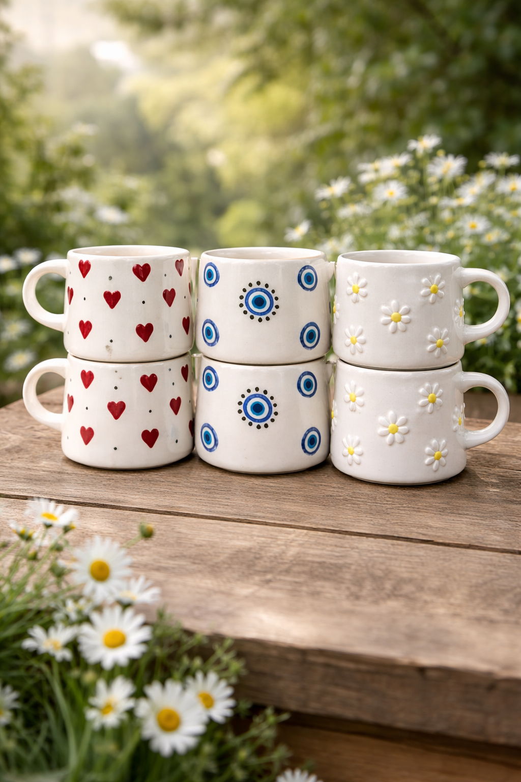 6’lı El Yapımı Seramik Kupa Bardak – Papatya, Kalp ve Nazar Boncuğu Desenli - Görsel 2