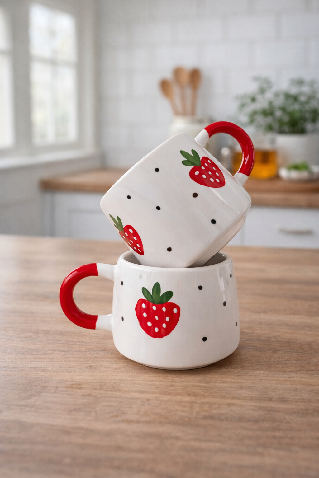 Çilek Desenli El Çizimi 2’li Seramik Kupa Seti – Hediyelik Kahve & Çay Bardak