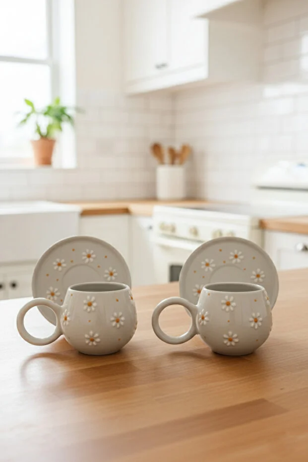 Papatya Desenli 2’li Tabaklı El Yapımı Seramik Kahve Fincanı Takımı