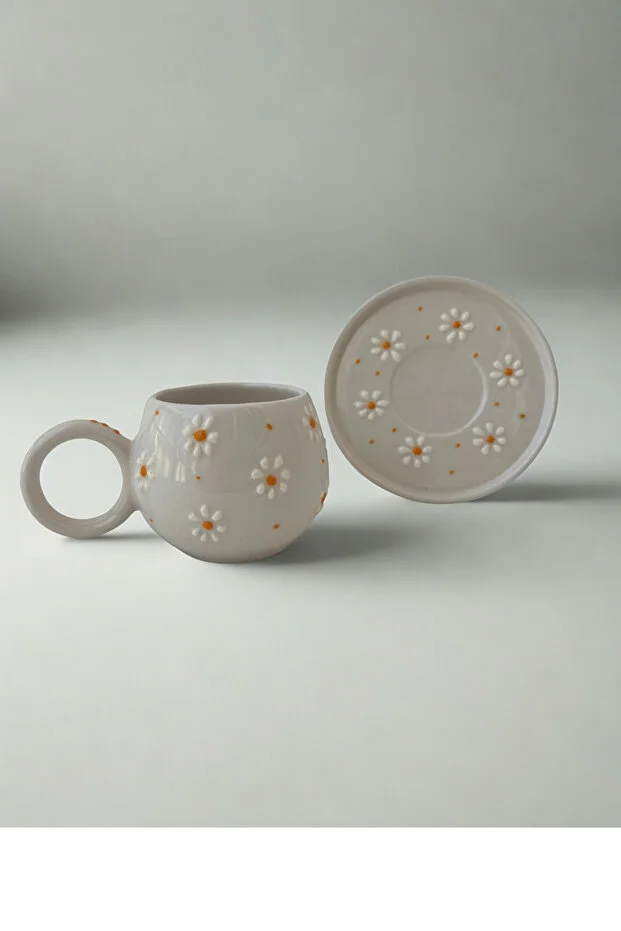 Papatya Desenli 2’li Tabaklı El Yapımı Seramik Kahve Fincanı Takımı - Görsel 3