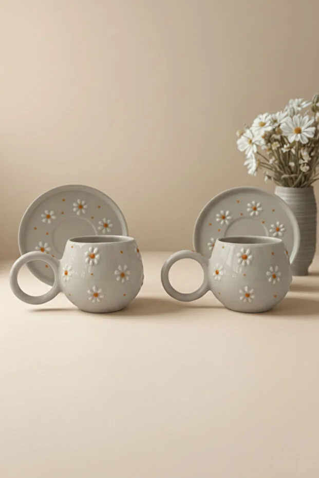Papatya Desenli 2’li Tabaklı El Yapımı Seramik Kahve Fincanı Takımı - Görsel 4
