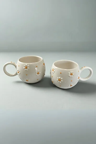 Papatya Desenli 2’li Tabaklı El Yapımı Seramik Kahve Fincanı Takımı - Görsel 5