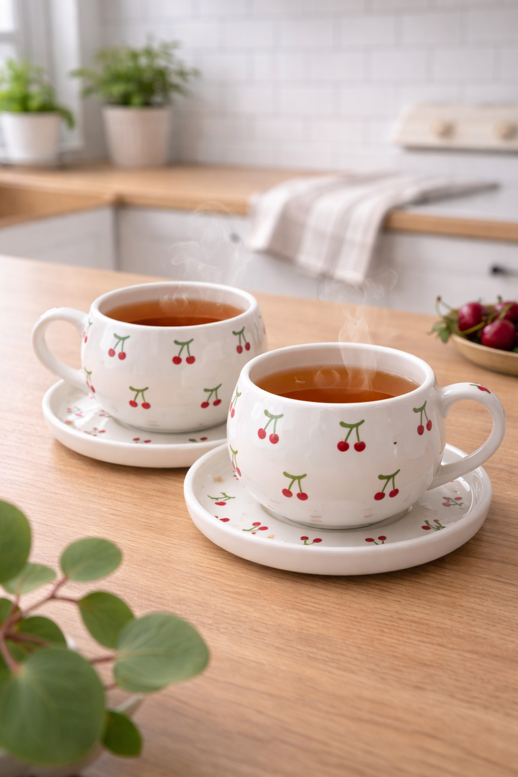 Kiraz Desenli 2’li El Yapımı Seramik Kupa Seti – Kahve, Espresso & Çay Kupası