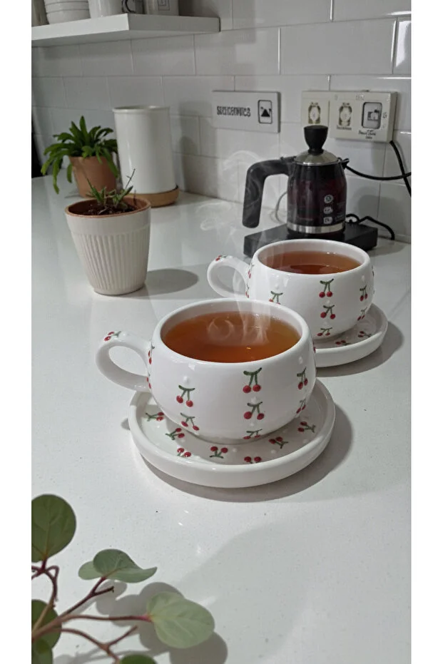 Kiraz Desenli 2’li El Yapımı Seramik Kupa Seti – Kahve, Espresso & Çay Kupası - Görsel 4