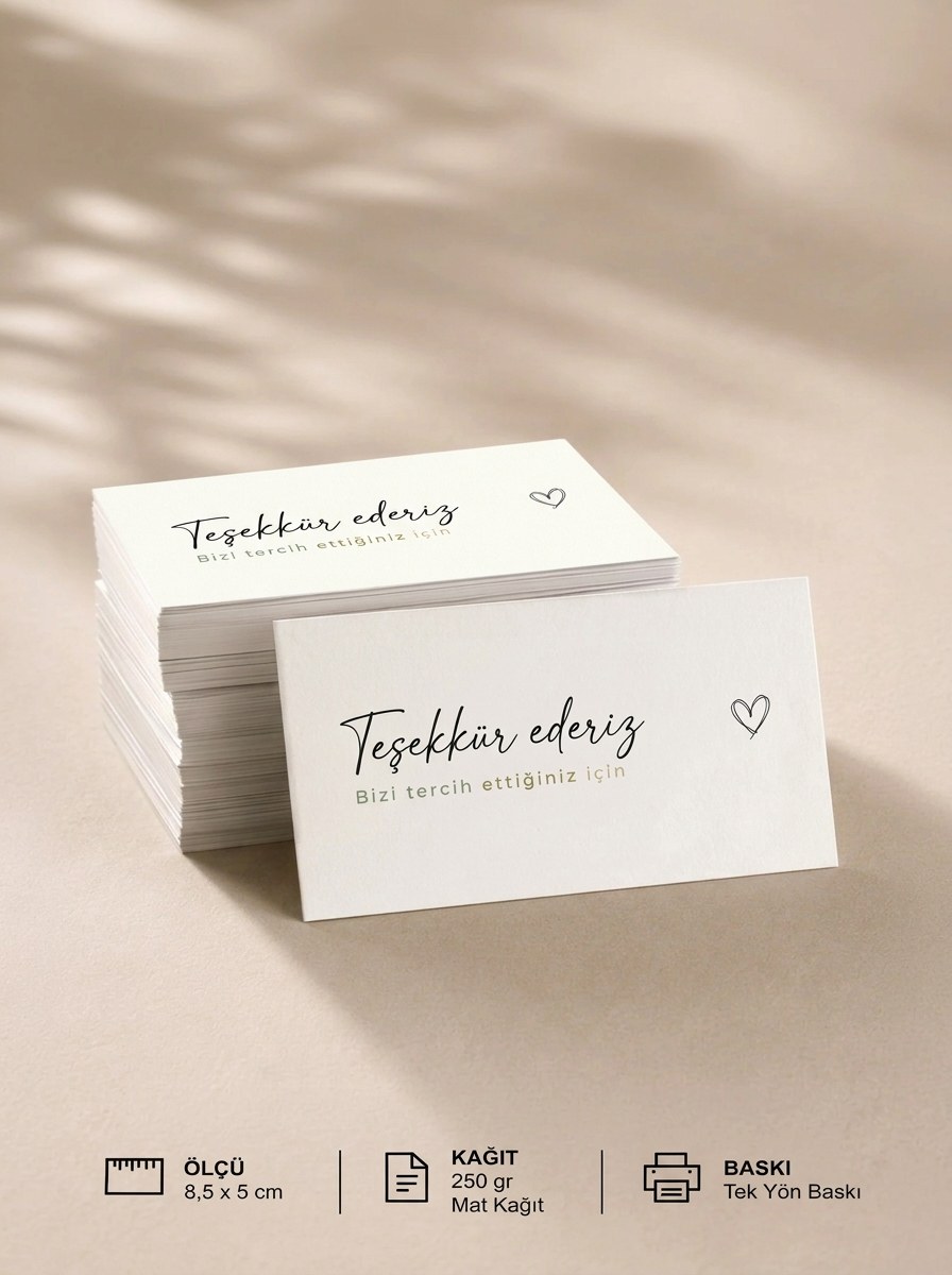 "Teşekkür ederiz" Teşekkür Kartı 8×5 cm – Minimal kalpli