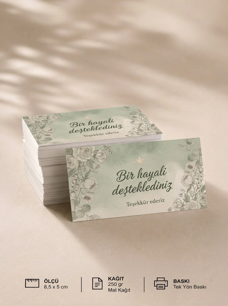"Bir hayali desteklediniz" Teşekkür Kartı 8×5 cm – Çiçekli