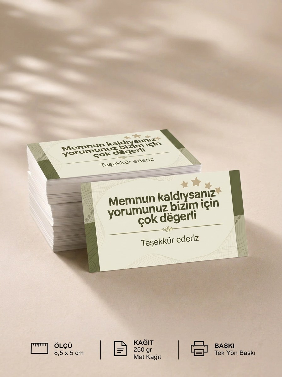 "Memnun kaldıysanız yorumunuz bizim için çok değerli" Teşekkür Kartı 8×5 cm – Kurumsal