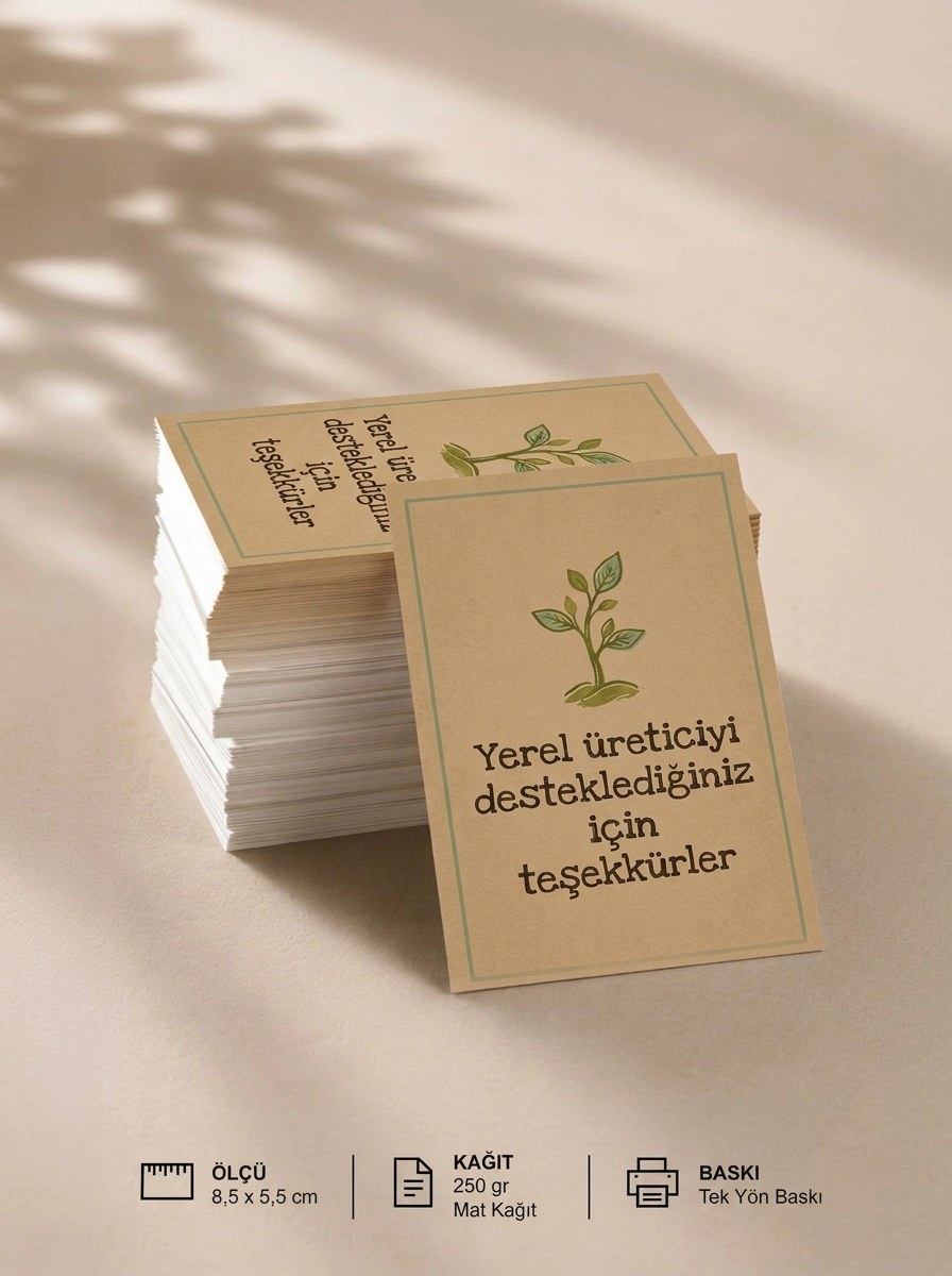 "Yerel üreticiyi desteklediğiniz için teşekkürler" Teşekkür Kartı 5×8 cm – Kraft