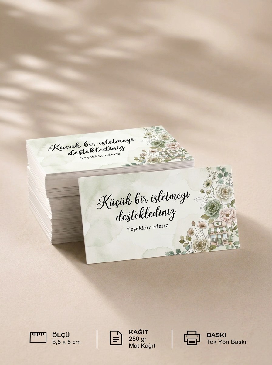 "Küçük bir işletmeyi desteklediniz" Teşekkür Kartı 8×5 cm – Çiçekli