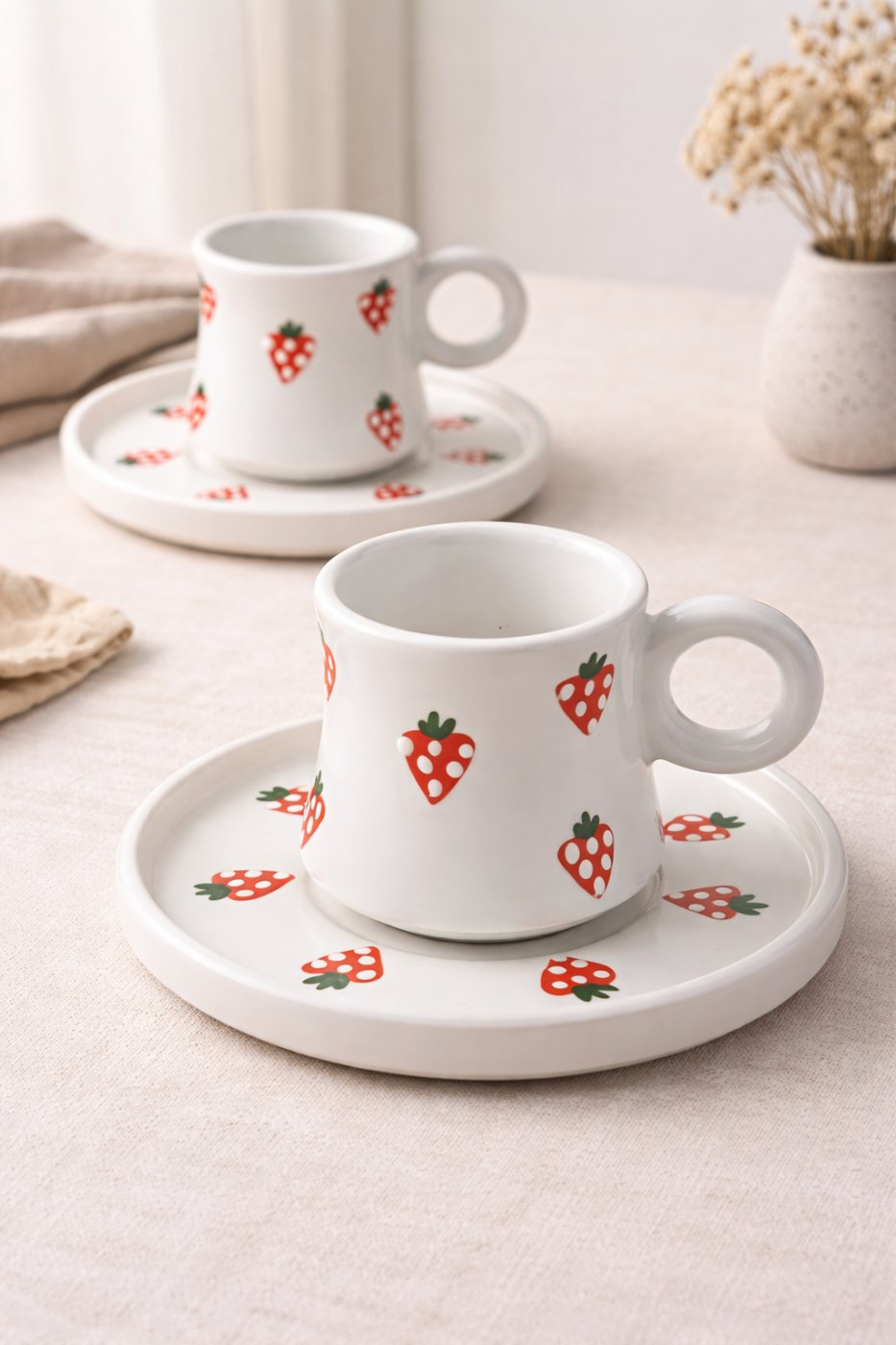 El Yapımı Çilek Desenli Modern Kahve Fincanı Takımı | 2 Kişilik 4 Parça Seramik Espresso Fincan Seti