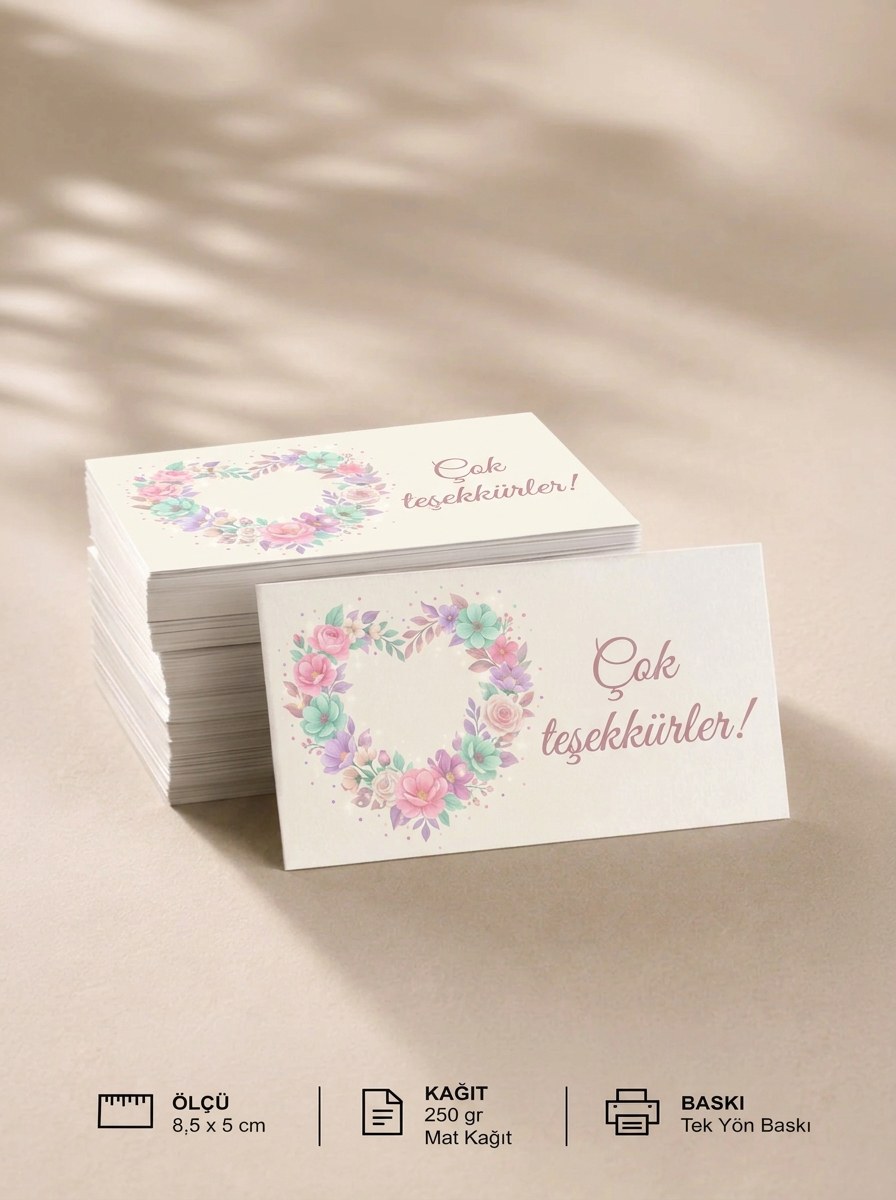 "Çok teşekkürler!" Teşekkür Kartı 8×5 cm – Çiçekli kalpli