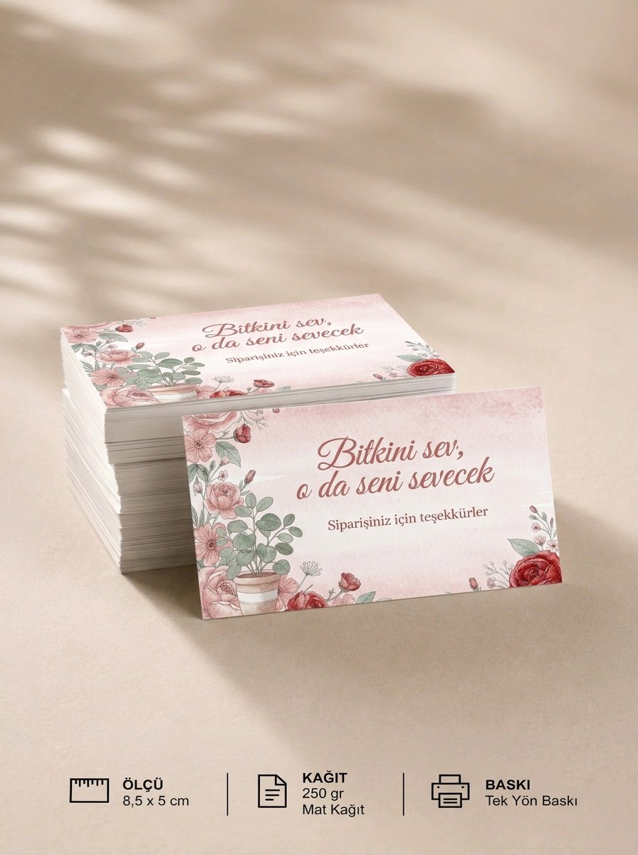 "Bitkini sev, o da seni sevecek" Teşekkür Kartı 8×5 cm – Çiçekli