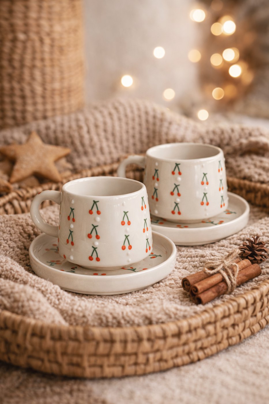 2 Kişilik El Yapımı Seramik Kupa & Tabak Seti – Baby Kiraz Desenli Özel Tasarım Mug