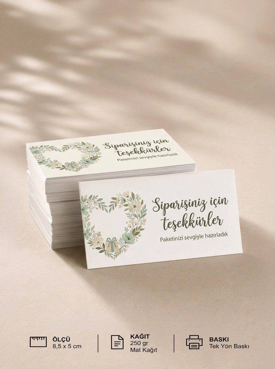"Siparişiniz için teşekkürler" Teşekkür Kartı 8×5 cm – Çiçekli kalpli