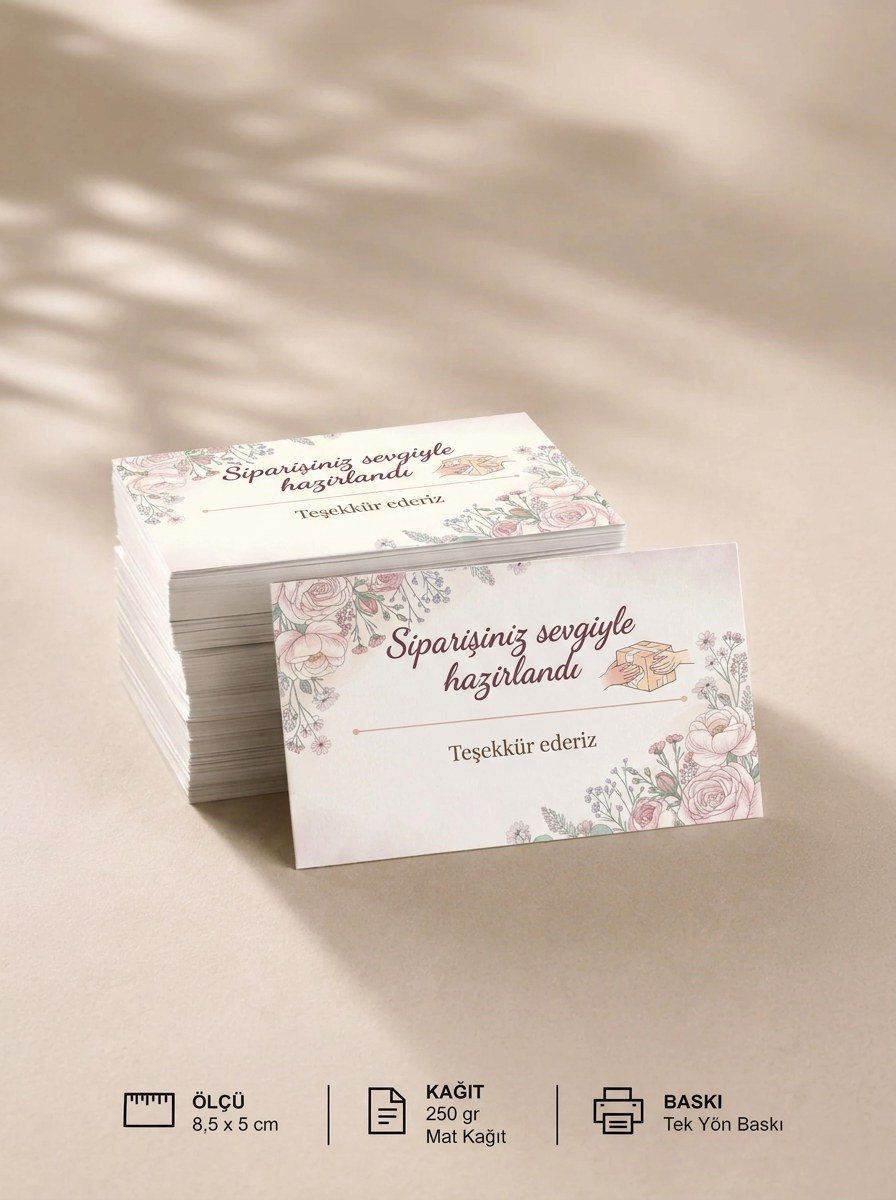 "Siparişiniz sevgiyle hazırlandı" Teşekkür Kartı 8×5 cm – Çiçekli