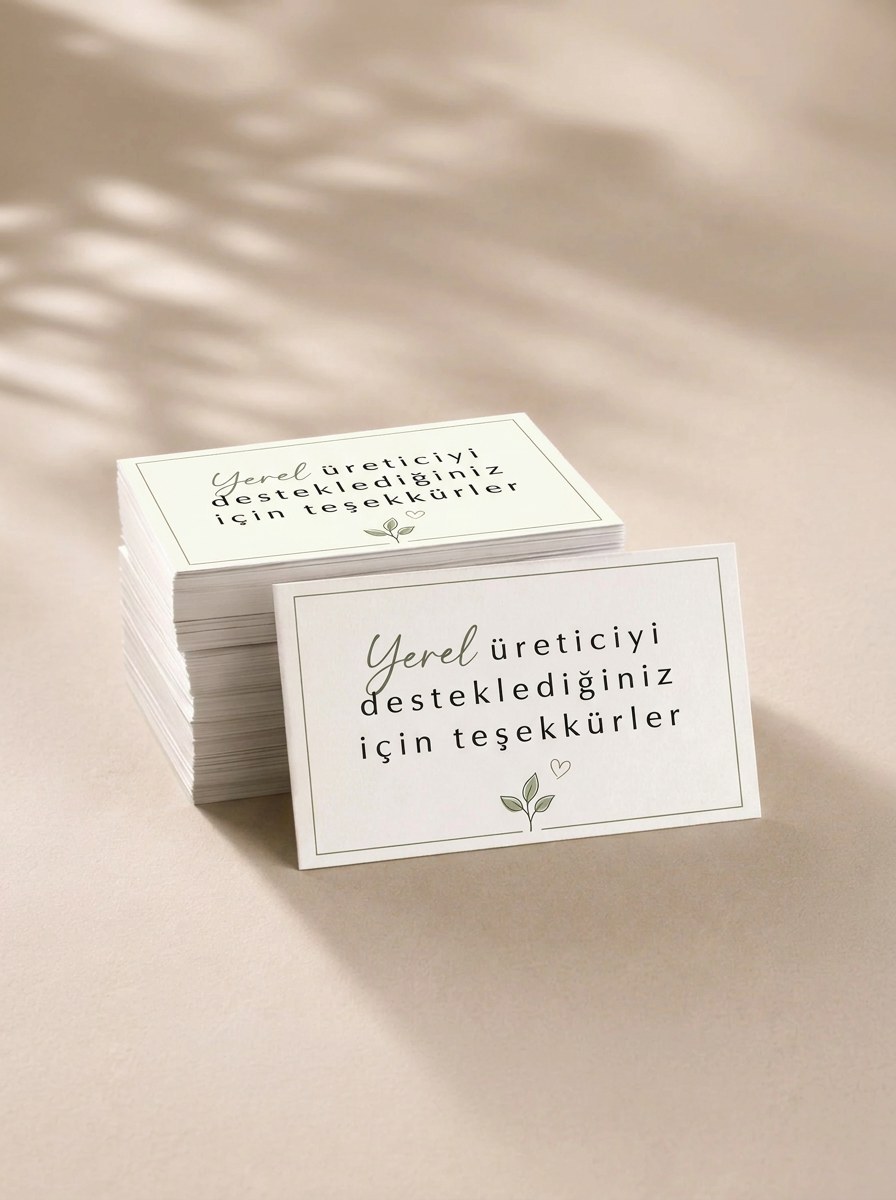 "Yerel üreticiyi desteklediğiniz için teşekkürler" Teşekkür Kartı 8×5 cm – Minimal kalpli