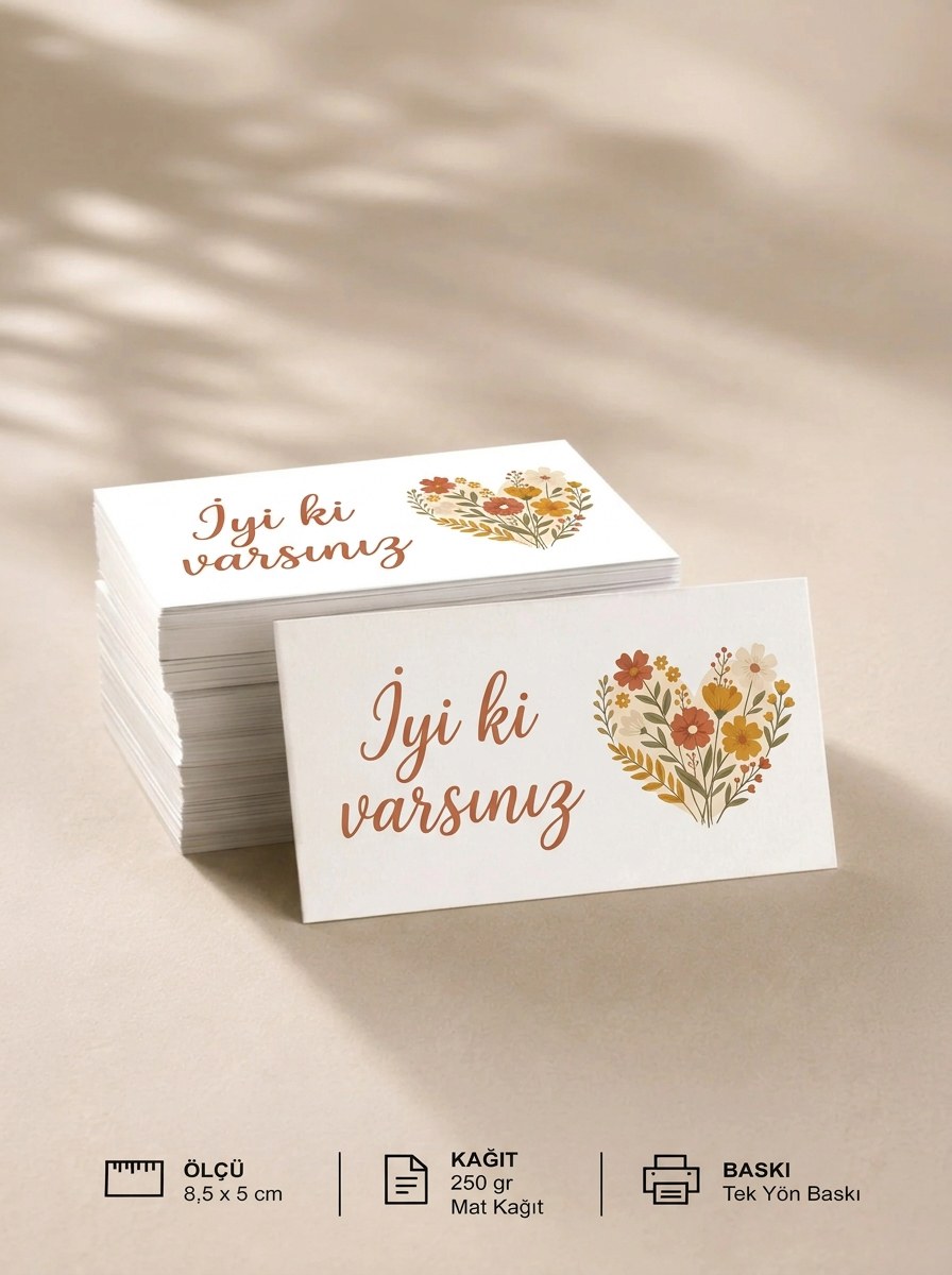 "İyi ki varsınız" Teşekkür Kartı 8×5 cm – Çiçekli kalpli