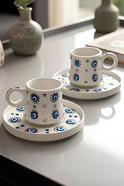 El Yapımı Nazar Boncuğu Desenli 2 Kişilik Türk Kahvesi Fincanı Takımı – 90 ml | 4 Parça Seramik Set